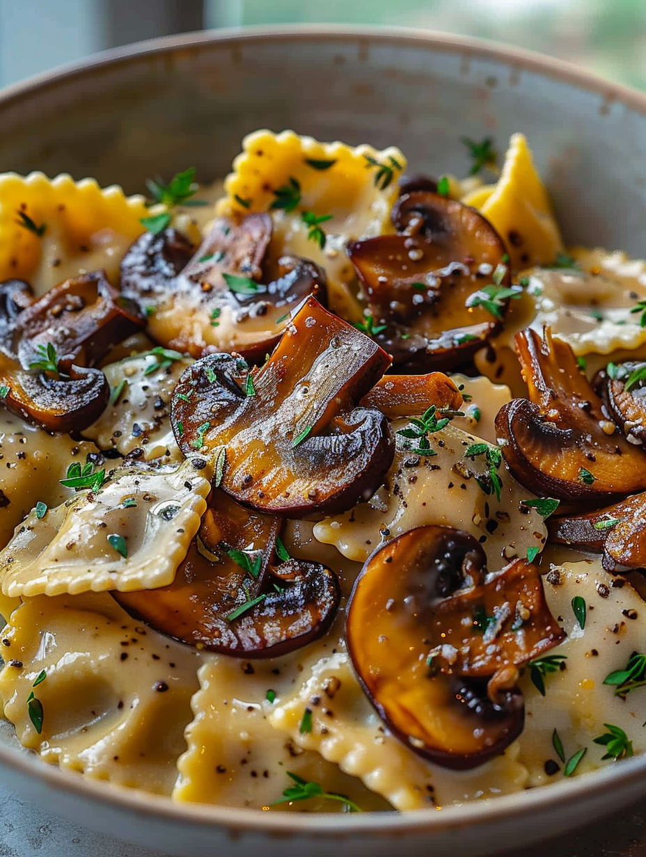 Farfalles crémeuses champignons poêlés.