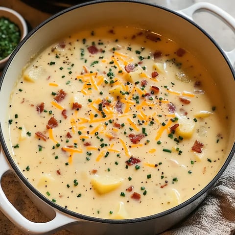 Une soupe crémeuse garnie de bacon croustillant, de fromage râpé et de ciboulette hachée dans une casserole blanche.