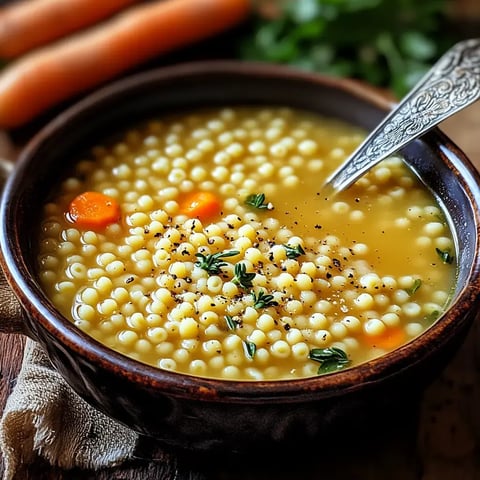 Un bol de soupe avec des petites pâtes, des carottes et des herbes, agrémenté de poivre noir.