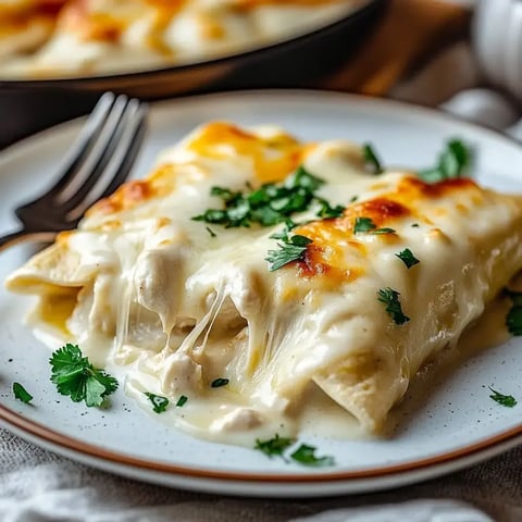 Une assiette d'enchiladas au poulet avec fromage fondu, garnie de persil frais.