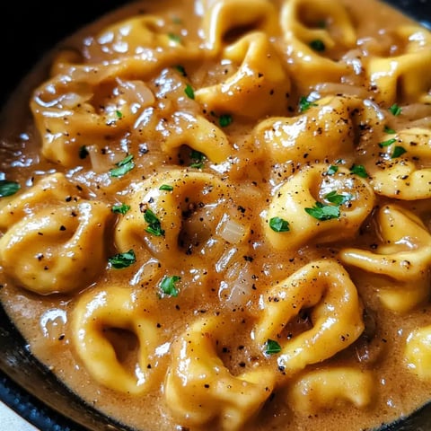 Vue rapprochée de tortellinis dans une sauce brune crémeuse, garnis d'herbes fraîches et de poivre noir.
