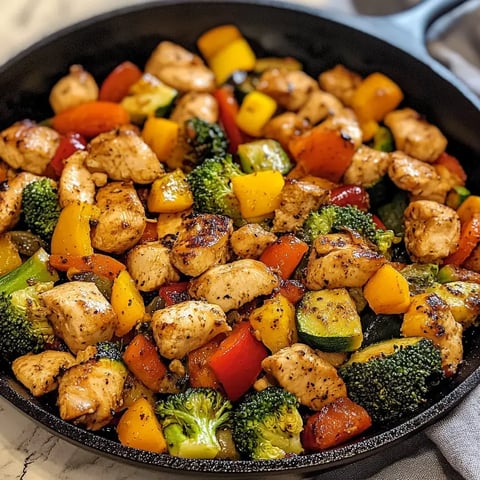 Une poêle remplie de morceaux de poulet assaisonnés et de légumes colorés, comme des poivrons, du brocoli et des courgettes.