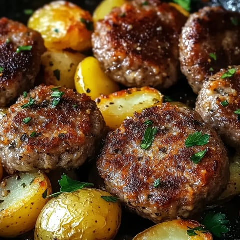 Vue rapprochée de pommes de terre rôties dorées et de boulettes de viande, garnies de persil frais.