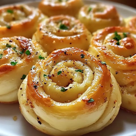 Gros plan sur des roulés dorés en spirale garnis d'herbes, disposés sur une assiette blanche.