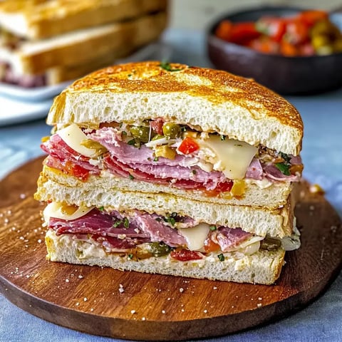 Un sandwich généreux avec des couches de viandes, fromages et légumes, présenté sur une planche en bois.