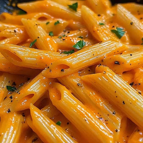 Gros plan sur des penne nappées d'une sauce orange crémeuse et décorées de persil.