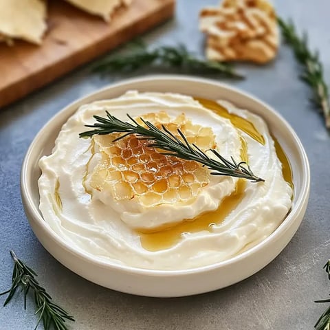 Un bol de brie fouetté recouvert de miel, d'un filet d'huile d'olive et d'une branche de romarin.