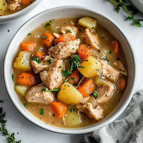 Un bol gourmand avec du poulet, des carottes, des pommes de terre et des herbes dans un bouillon savoureux.