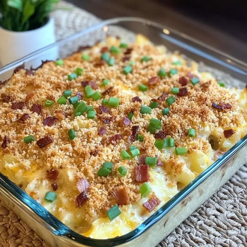 Un plat en verre rempli de gratin doré, recouvert de miettes croustillantes, morceaux de bacon et d’oignons verts, posé sur une nappe tressée à côté d’une plante.