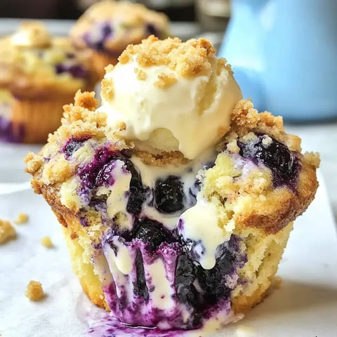 Un muffin aux myrtilles tout juste sorti du four est présenté avec une boule de glace fondante, laissant échapper un cœur de myrtilles et de crème.