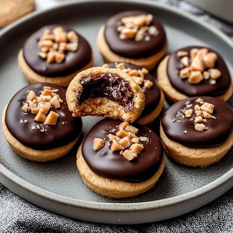 Une assiette de biscuits recouverts de chocolat avec des morceaux de caramel, dont un biscuit croqué révélant une garniture chocolatée.