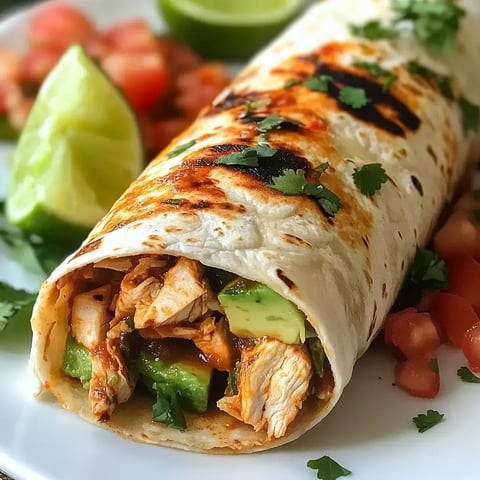 Un gros plan d'un burrito grillé rempli de poulet, avocat et sauce, garni de coriandre et servi avec des quartiers de citron vert et des morceaux de tomates.