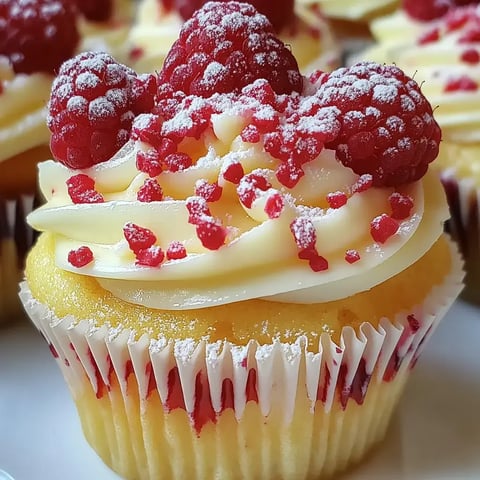 Gros plan d'un cupcake décoré avec des framboises et des confettis, présentant un glaçage crémeux et un caissette blanche.
