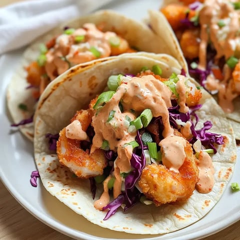 Trois tacos garnis de crevettes croustillantes, de chou rouge et d'une sauce crémeuse, servis sur une assiette.