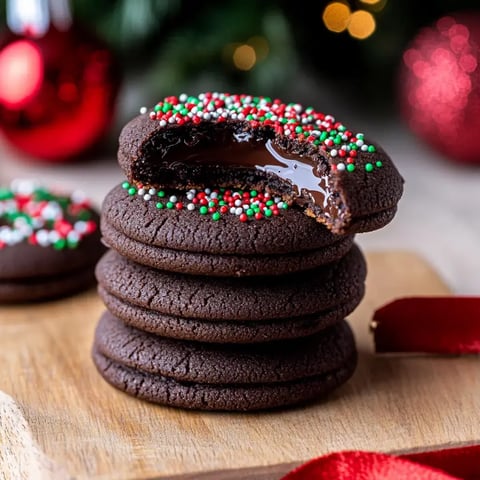 Une pile de biscuits chocolatés avec décorations festives rouges, vertes et blanches, un biscuit partiellement cassé révélant un cœur fondant au chocolat.
