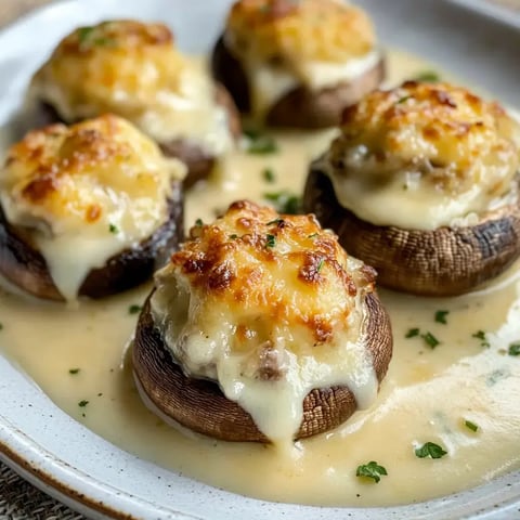 Une assiette de champignons farcis, recouverts de fromage fondu et d'herbes avec une sauce crémeuse.