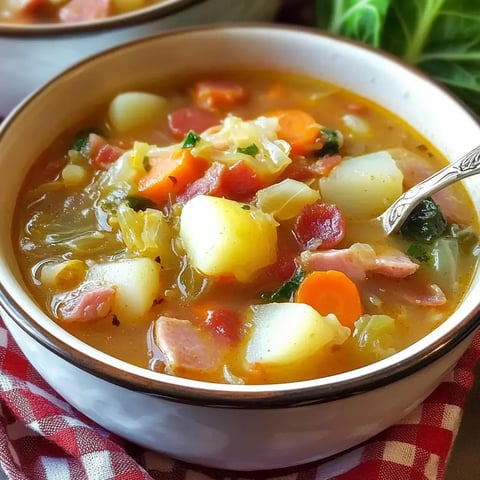 Un gros plan sur un bol de soupe copieuse avec légumes et lard, agrémentée d'herbes fraîches.