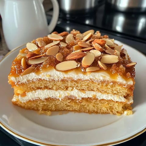 Une part de gâteau en couches recouvert de caramel et d'amandes effilées, servie sur une assiette blanche.