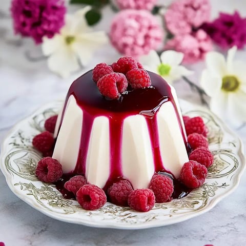Un dessert crémeux nappé de sauce framboise avec des framboises fraîches, présenté dans une assiette élégante entourée de fleurs.
