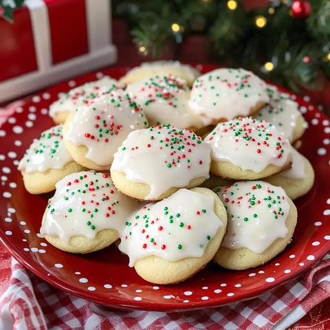 Une assiette festive de biscuits glacés garnis de vermicelles rouges et verts, entourée de décorations de Noël.