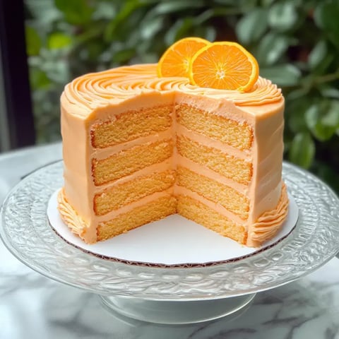 Un gâteau à l'orange en étages, joliment nappé de glaçage au fromage, partiellement découpé avec deux tranches d'orange.