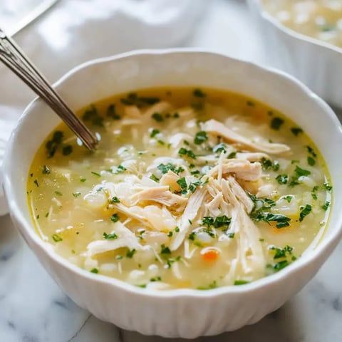 Un bol de soupe avec poulet effiloché et persil haché.