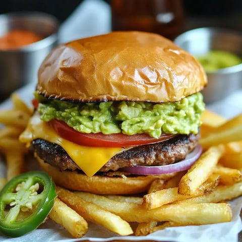 Zoom sur un cheeseburger juteux garni de guacamole, tomate et oignon, servi avec des frites dorées et une rondelle de piment à côté.