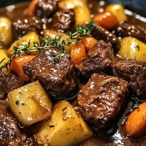 Un gros plan d'un ragoût de boeuf comprenant des morceaux tendres de boeuf, des pommes de terre, des carottes et orné de thym dans une sauce riche.