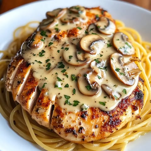 Un filet de poulet grillé nappé d'une sauce crémeuse aux champignons et garni de persil frais, servi sur un lit de spaghetti.