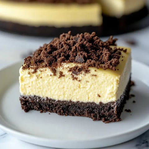 Une part de cheesecake étagé avec des miettes de chocolat sur le dessus servie sur une assiette blanche.