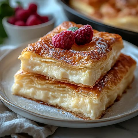 Gros plan sur deux couches de pâte feuilletée garnies de crème, décorées de framboises et sucre glace sur une assiette.
