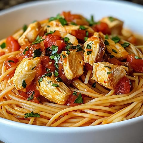 Bol de spaghetti avec morceaux de poulet, tomates, et persil.