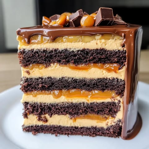 Une part de gâteau au chocolat multicouche avec des garnitures alternées de caramel crémeux et beurre de cacahuète, surmonté de ganache au chocolat et garnitures croquantes.