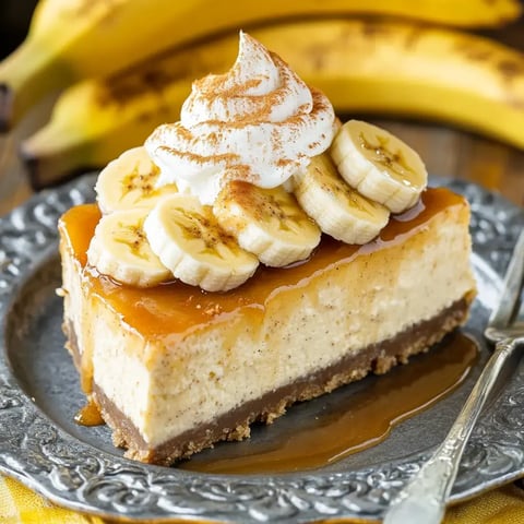 Une part de cheesecake à la banane garnie de tranches de banane, crème fouettée et sauce caramel, servie sur une assiette argentée avec des bananes en arrière-plan.