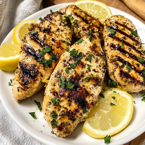 Blancs de poulet grillés garnis de persil et servis avec des tranches de citron.