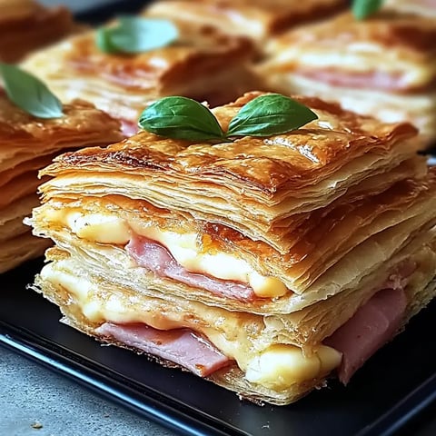 Un gros plan de pâtisserie feuilletée en couches garnie de fromage et jambon, avec une petite feuille de basilic sur le dessus.