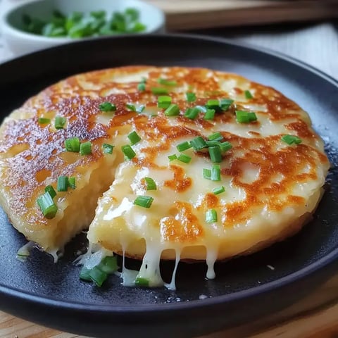 Une crêpe dorée au fromage garnie de ciboule hachée repose sur une assiette noire, avec une portion tirée révélant le fromage fondu à l'intérieur.