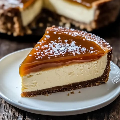 Une part de gâteau crémeux garnie d'un nappage brillant au caramel et saupoudrée de gros sel, servie sur une assiette blanche.