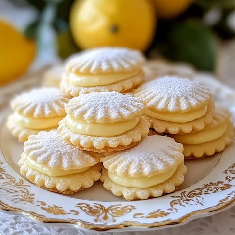 Une assiette de sablés délicats garnis de crème citron et saupoudrés de sucre glace, entourés de citrons frais.