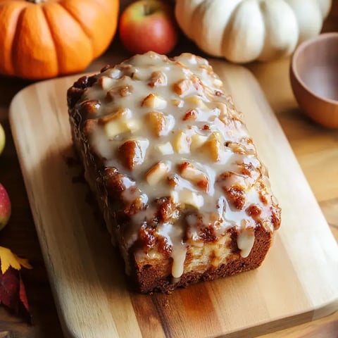 Un gâteau aux pommes glacé posé sur une planche en bois, entouré de citrouilles et de pommes.