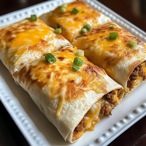 Une assiette avec quatre burritos dorés et fromage, garnis de ciboulette hachée.