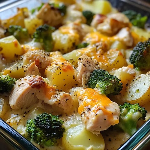 Un plat gratiné avec morceaux de poulet, brocoli et patates, recouvert de fromage fondu et poivre noir.