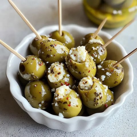 Un bol blanc rempli d'olives vertes marinées, farcies de fromage feta et garnies d'herbes, accompagnées de cure-dents.