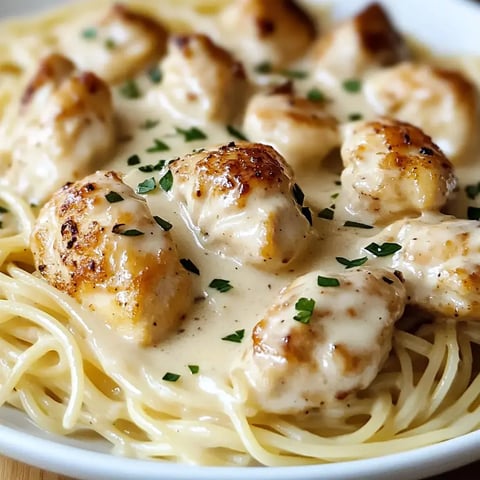 Une assiette de spaghetti nappée de sauce crémeuse avec des morceaux dorés de poulet, parsemée de persil haché.
