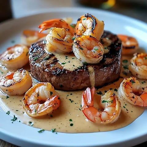 Un steak grillé garni de crevettes sautées et nappé d'une sauce crémeuse, décoré de persil sur une assiette blanche.