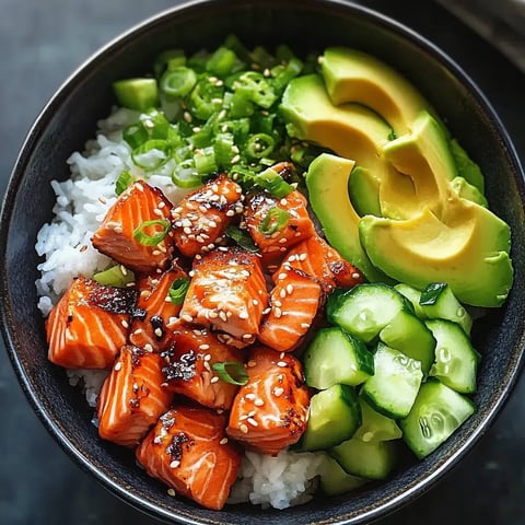 Un bol de riz garni de saumon grillé, de concombre en tranches, d'oignons verts et d'avocat.
