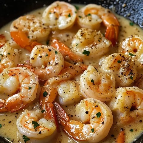 Zoom sur une poêlée de crevettes en sauce crémeuse, parsemée de persil et poivre noir.