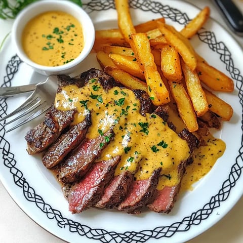 Une assiette de steak tranché recouvert d'une sauce crémeuse, accompagné de frites dorées et d'un petit bol de sauce.