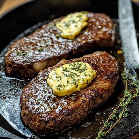 Deux steaks parfaitement cuits garnis de beurre aux herbes posés sur une poêle en fonte, décorés de thym frais.