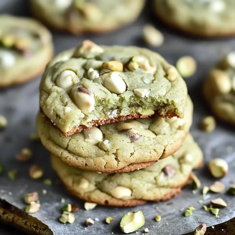 Un tas de cookies verts avec des pépites de chocolat blanc et des éclats de pistache, l'un des cookies est croqué. Le tout présenté sur une feuille de papier avec des morceaux de pistache éparpillés.